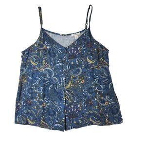 Goodthreads Tank Cami Womens Medium Blue Paisley Floral Button Front Boho Casual
